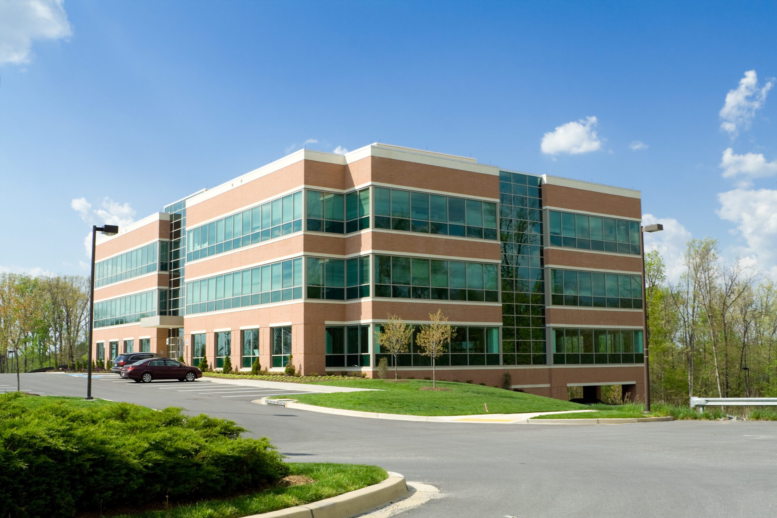Modern office building with glass windows.