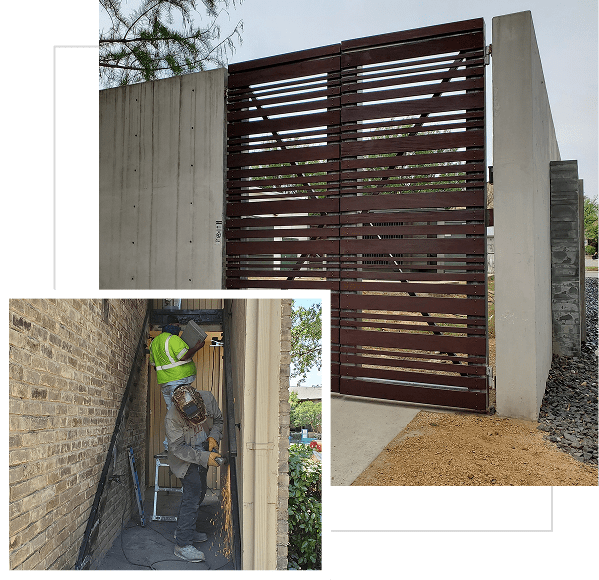 Construction worker near large wooden gate.