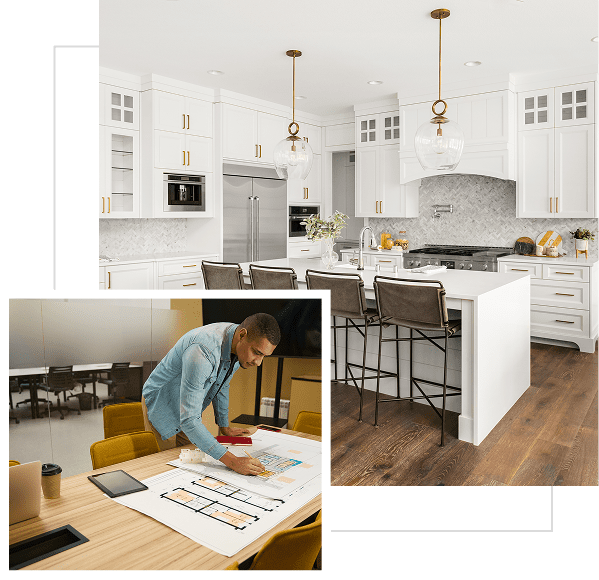 Group 19 (3) Modern kitchen and person reviewing blueprints.
