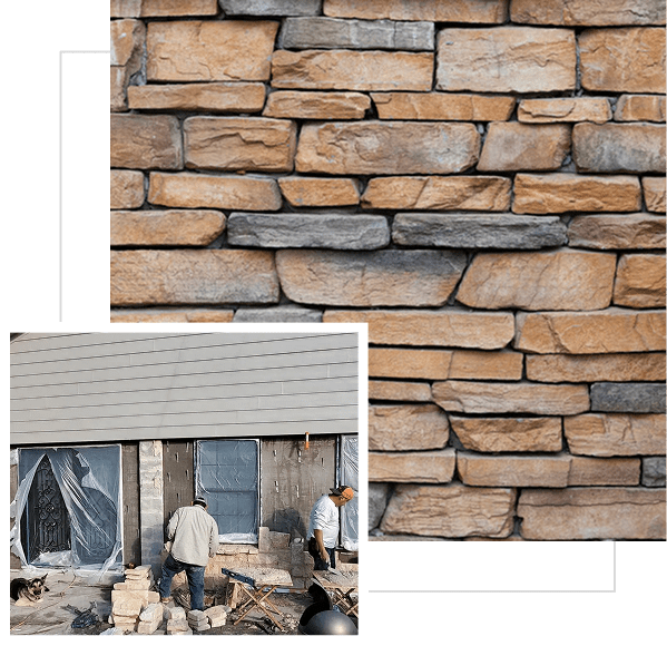 Stone wall with workers on construction site.