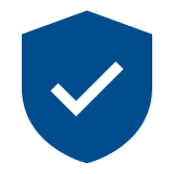 Blue shield with a black check mark.