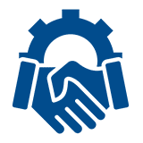 Handshake inside gear icon on black background.