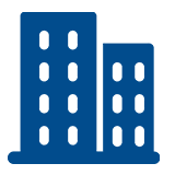Blue building icon on black background.